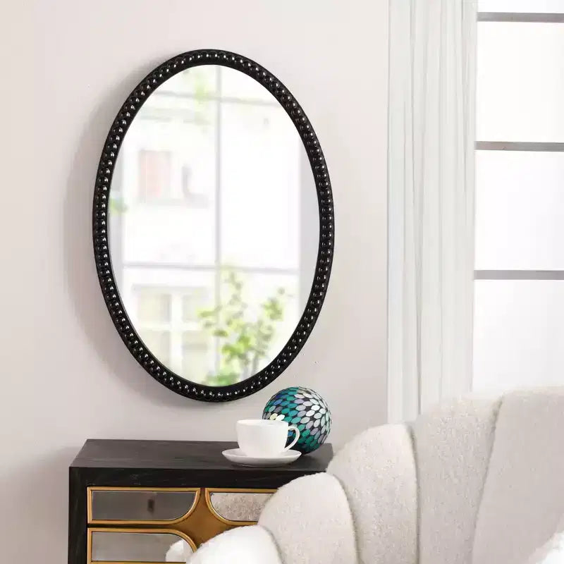 Wood Oval Wall Mirror with Beaded Trim, Black, 17.32"W x 25.2"H, Ready to Hang