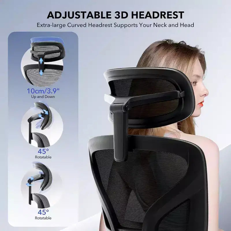 High-Back Mesh Office Chair with Adjustable Lumbar Support, 3D Armrests & Headrest, 360° Swivel