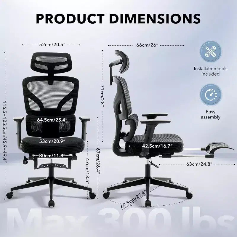 High-Back Mesh Office Chair with Adjustable Lumbar Support, 3D Armrests & Headrest, 360° Swivel