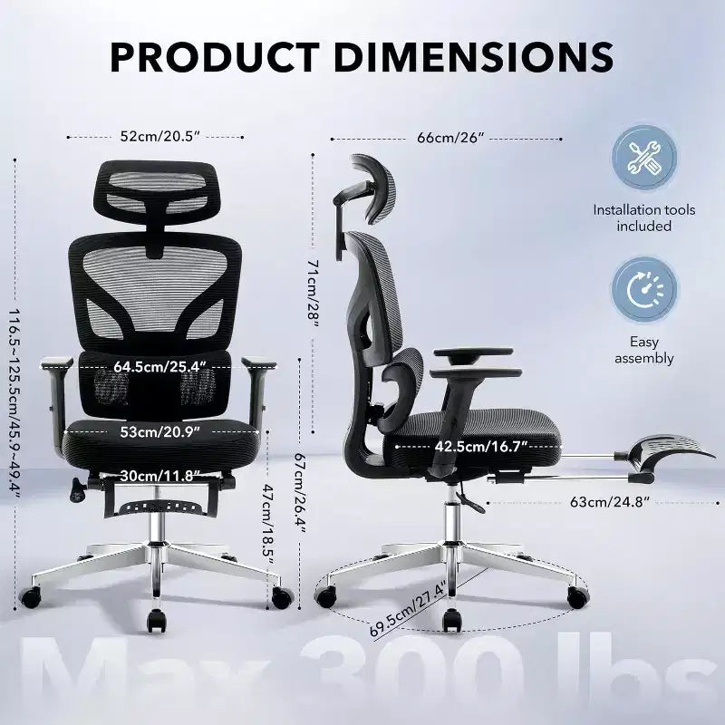 High-Back Mesh Office Chair with Adjustable Lumbar Support, 3D Armrests & Headrest, 360° Swivel