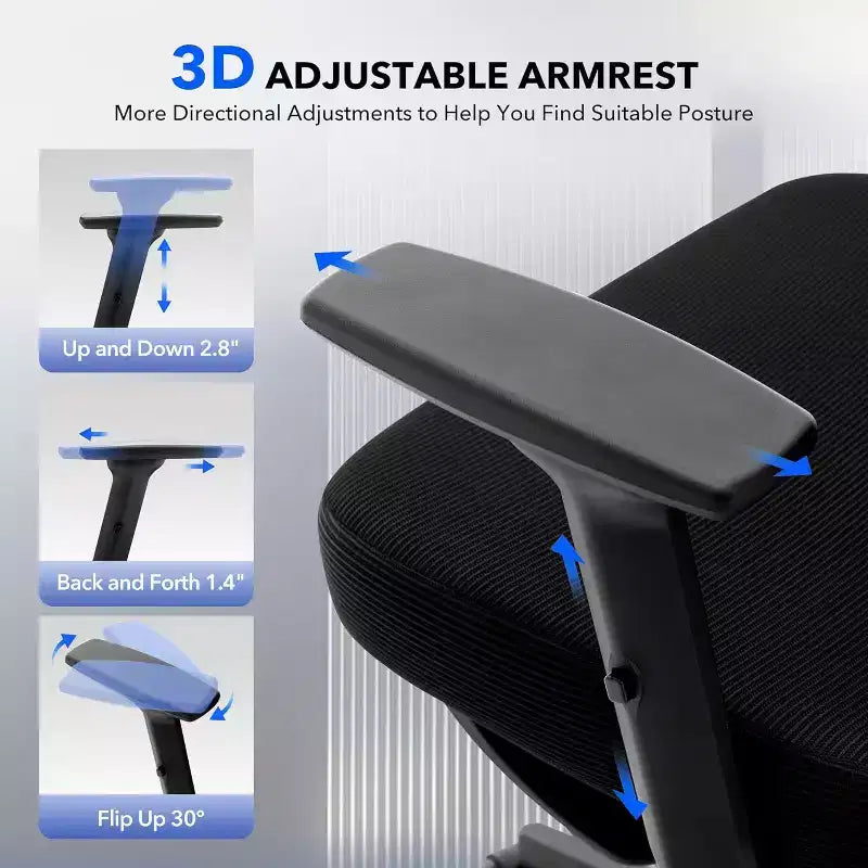 High-Back Mesh Office Chair with Adjustable Lumbar Support, 3D Armrests & Headrest, 360° Swivel