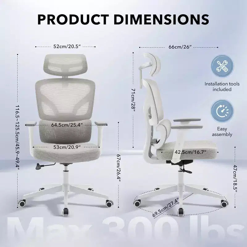 High-Back Mesh Office Chair with Adjustable Lumbar Support, 3D Armrests & Headrest, 360° Swivel