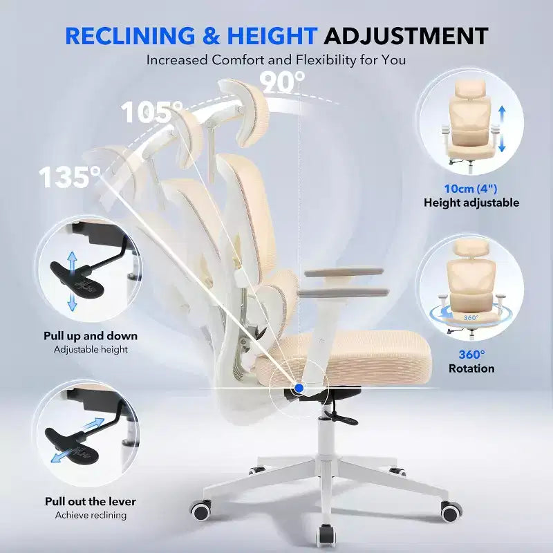 High-Back Mesh Office Chair with Adjustable Lumbar Support, 3D Armrests & Headrest, 360° Swivel