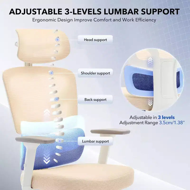 High-Back Mesh Office Chair with Adjustable Lumbar Support, 3D Armrests & Headrest, 360° Swivel