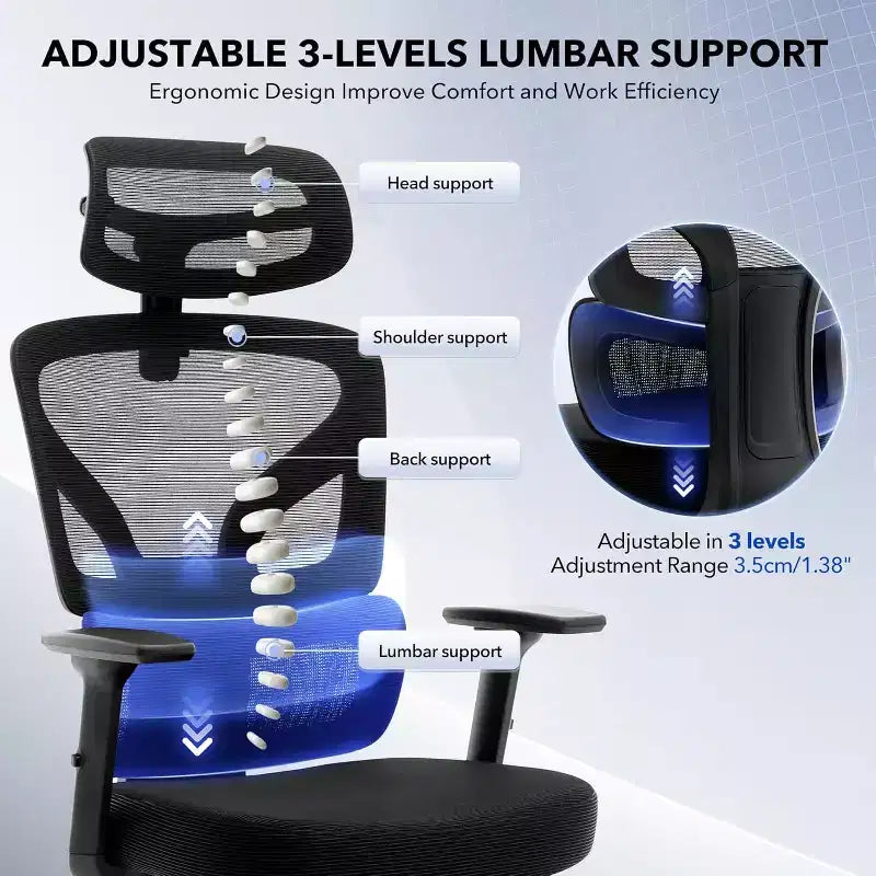 High-Back Mesh Office Chair with Adjustable Lumbar Support, 3D Armrests & Headrest, 360° Swivel