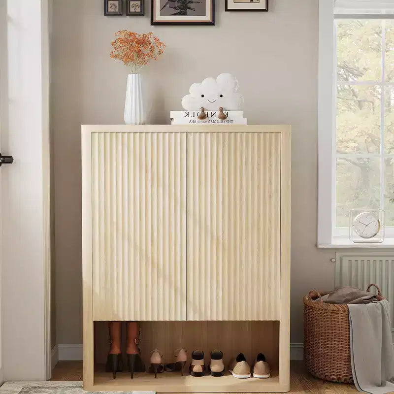 Multi-Tier Shoe Cabinet with Adjustable Shelves and Fluted Doors, MDF, 34.65"W x 14.56"D x 44.49"H, Holds 20 Pairs
