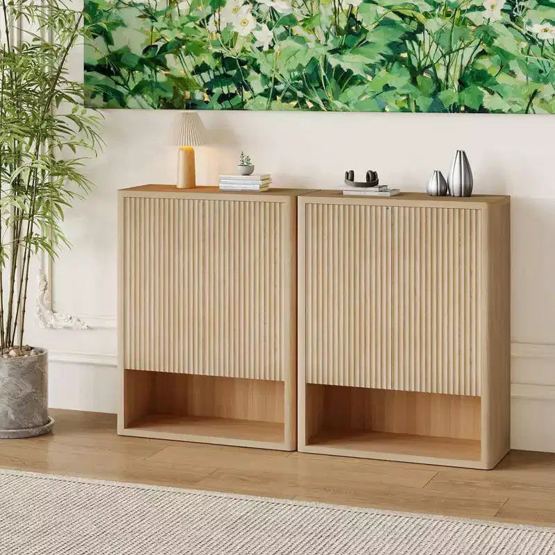 Multi-Tier Shoe Cabinet with Adjustable Shelves and Fluted Doors, MDF, 34.65"W x 14.56"D x 44.49"H, Holds 20 Pairs