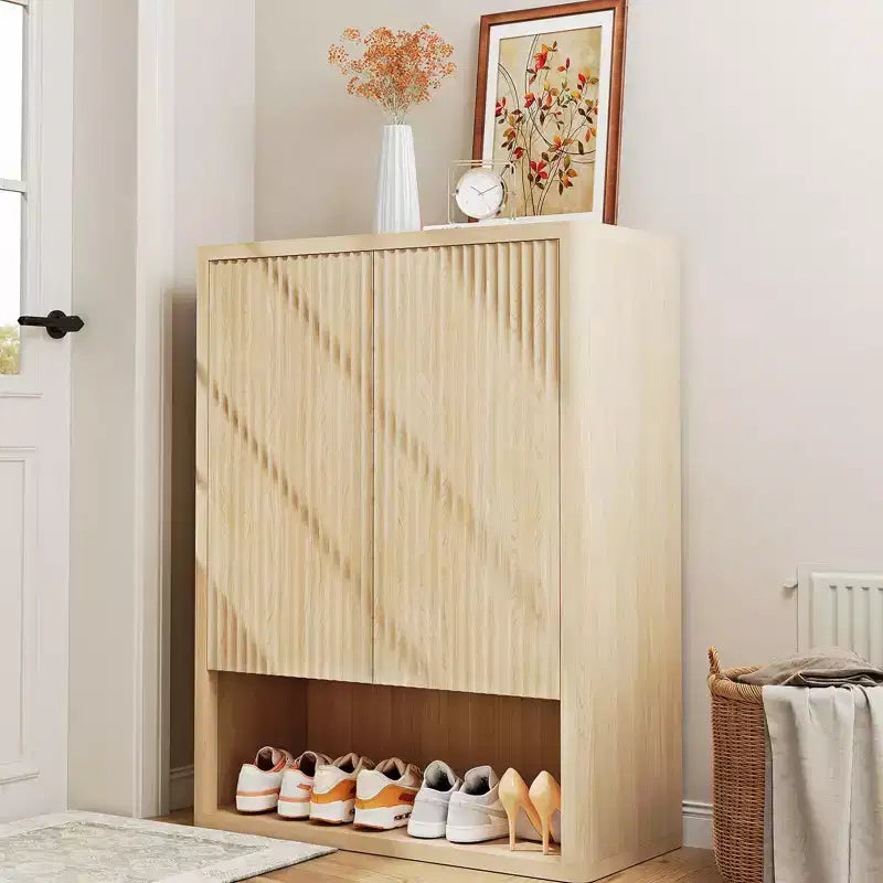 Multi-Tier Shoe Cabinet with Adjustable Shelves and Fluted Doors, MDF, 34.65"W x 14.56"D x 44.49"H, Holds 20 Pairs