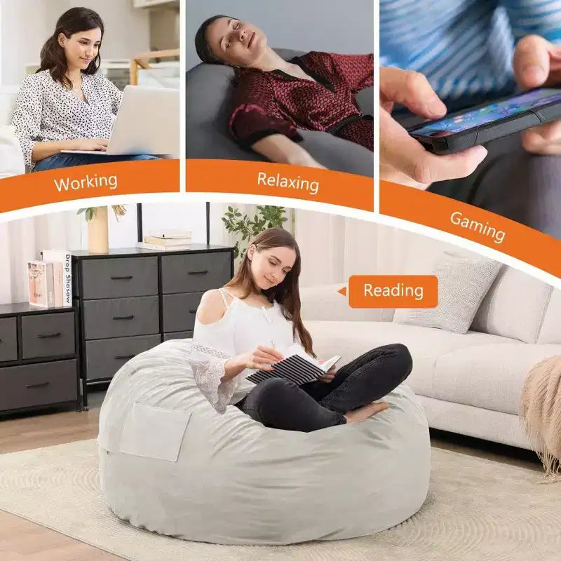 Bean Bag Chair with Removable Washable Cover, Side Pockets & Carry Handles, Oversized Foam Lounger