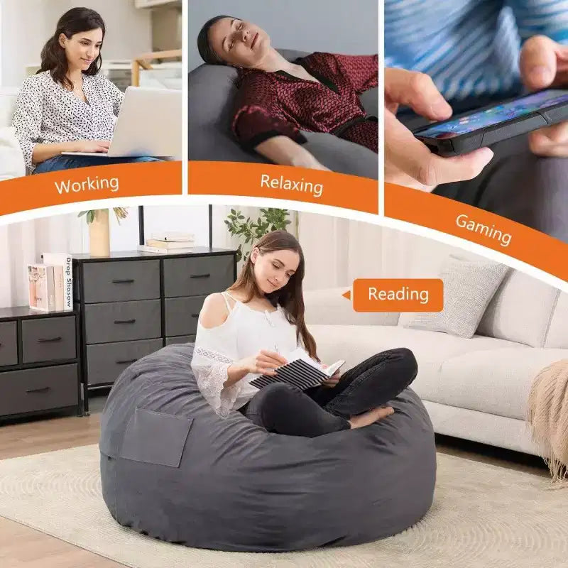 Bean Bag Chair with Removable Washable Cover, Side Pockets & Carry Handles, Oversized Foam Lounger