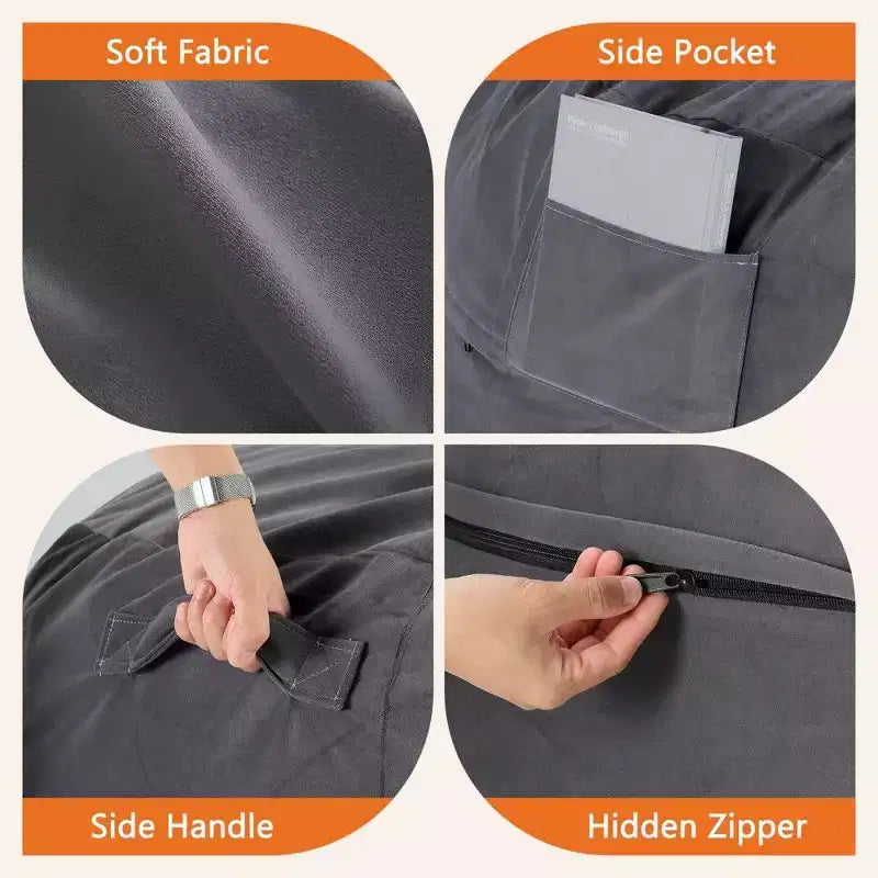 Bean Bag Chair with Removable Washable Cover, Side Pockets & Carry Handles, Oversized Foam Lounger