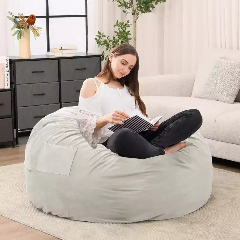 Bean Bag Chair with Removable Washable Cover, Side Pockets & Carry Handles, Oversized Foam Lounger