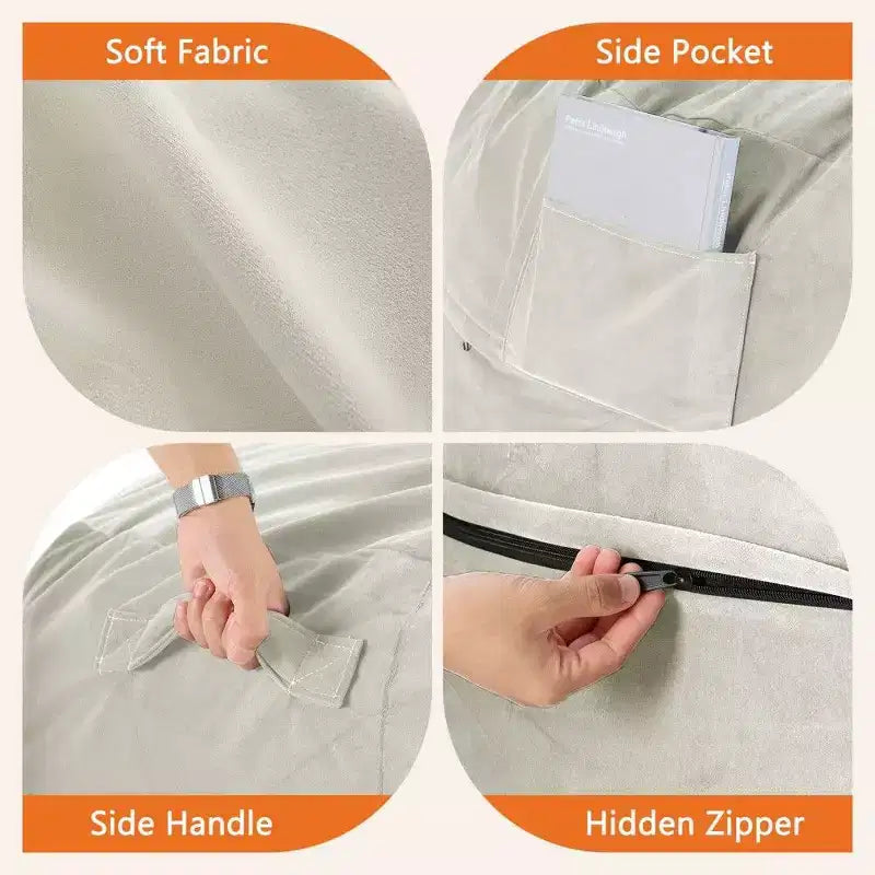 Bean Bag Chair with Removable Washable Cover, Side Pockets & Carry Handles, Oversized Foam Lounger