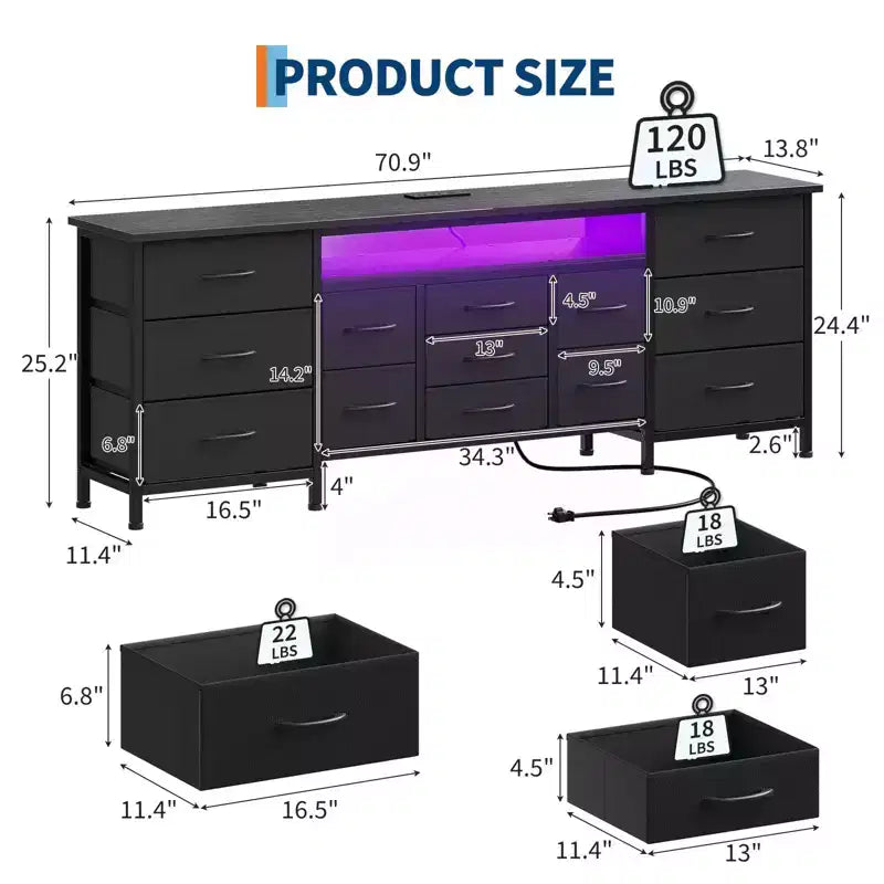 70-Inch TV Stand with 13 Fabric Drawers and LED Light