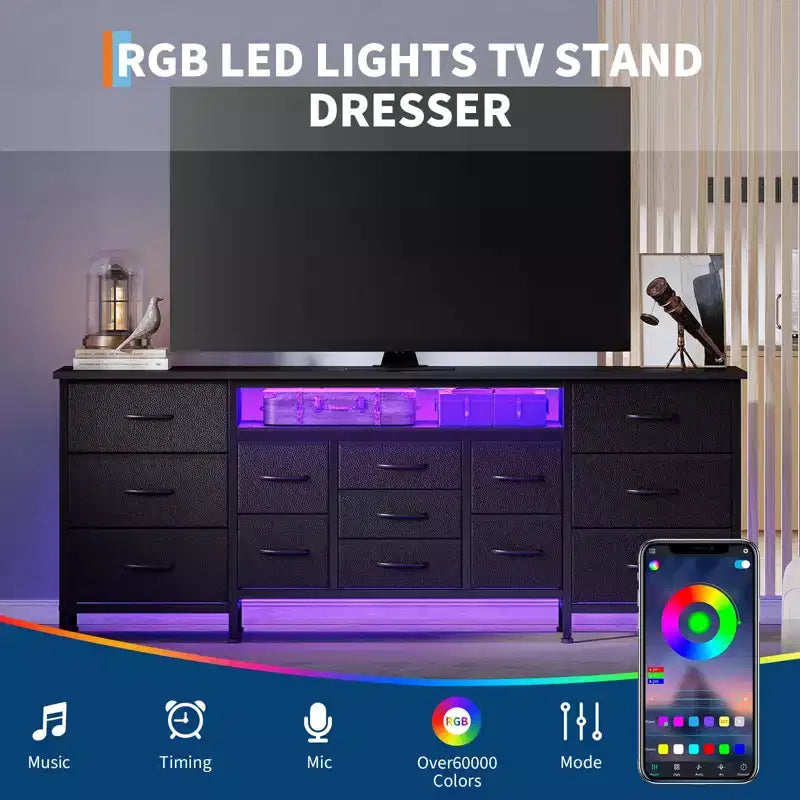 70-Inch TV Stand with 13 Fabric Drawers and LED Light