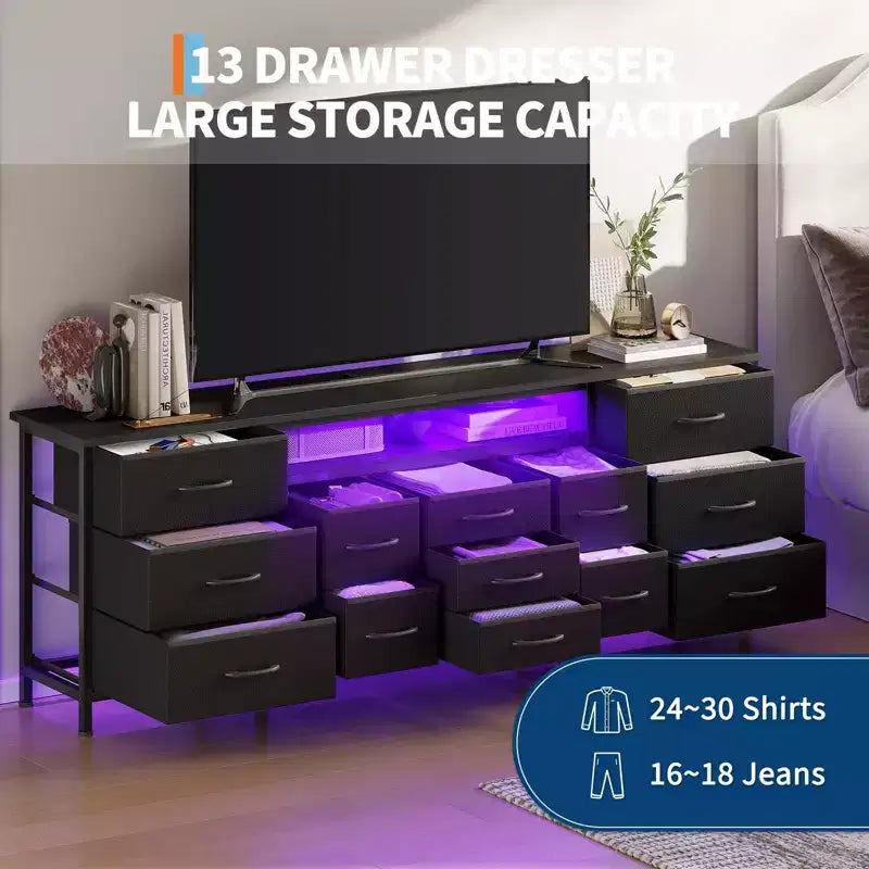 70-Inch TV Stand with 13 Fabric Drawers and LED Light