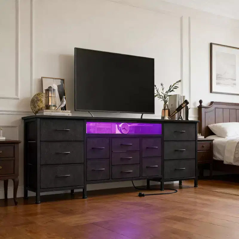 70-Inch TV Stand with 13 Fabric Drawers and LED Light
