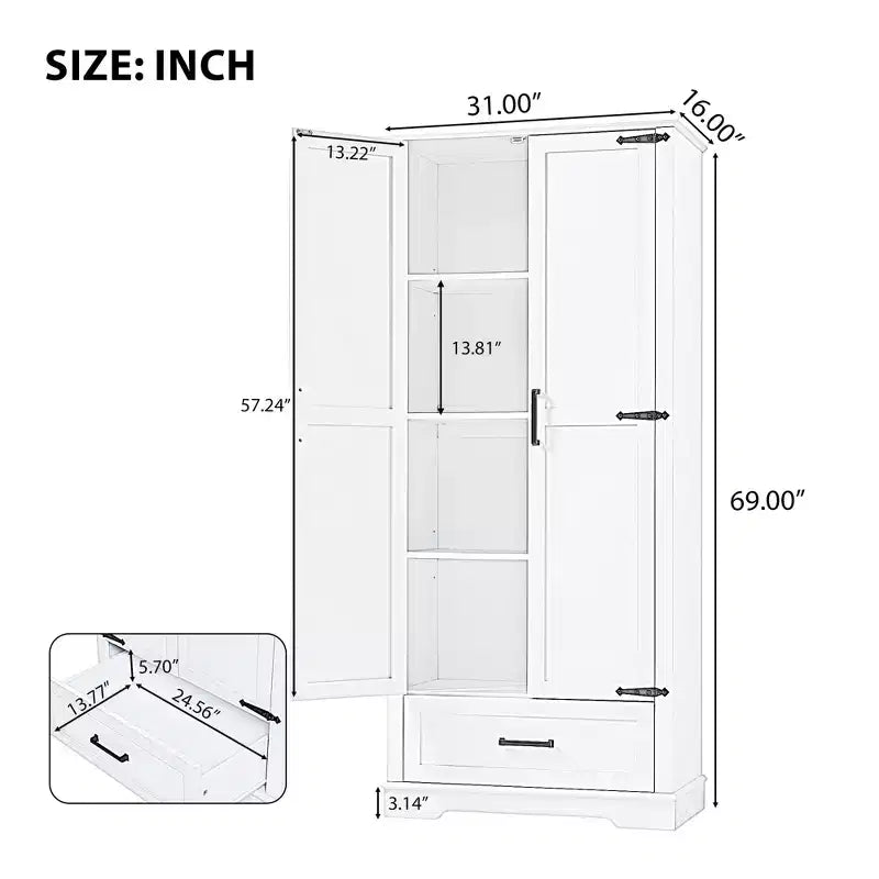 Freestanding Tall Bathroom Storage Cabinet with Double Doors and Drawer, MDF, 31"W x 16"D x 69"H