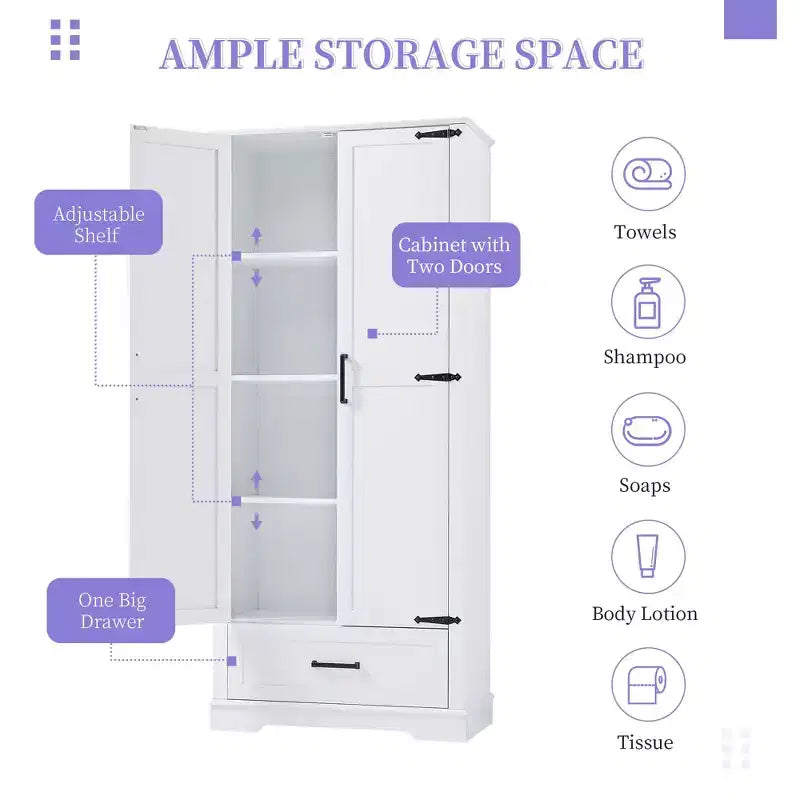 Freestanding Tall Bathroom Storage Cabinet with Double Doors and Drawer, MDF, 31"W x 16"D x 69"H