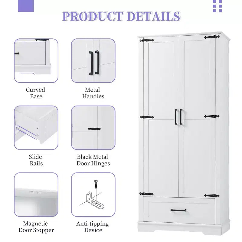 Freestanding Tall Bathroom Storage Cabinet with Double Doors and Drawer, MDF, 31"W x 16"D x 69"H
