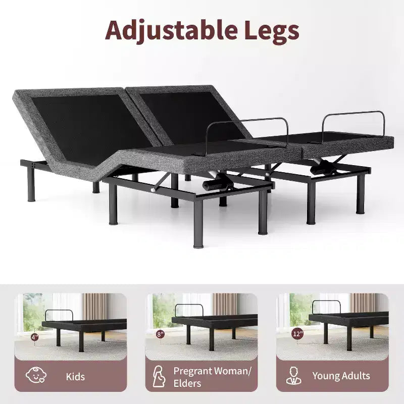 Adjustable Bed Frame with Wireless Remote, Separate Head/Foot Lift, Zero-Gravity, Anti-Snore, 3 Height Options, Twin