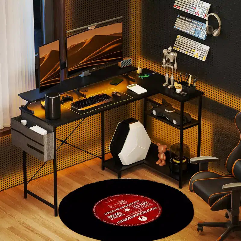 L-Shaped Computer Desk with Charging Station and RGB Lights, Reversible Corner Desk, 57.9"W x 31.5"D x 35"H