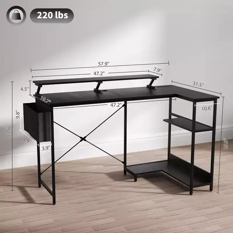 L-Shaped Computer Desk with Charging Station and RGB Lights, Reversible Corner Desk, 57.9"W x 31.5"D x 35"H
