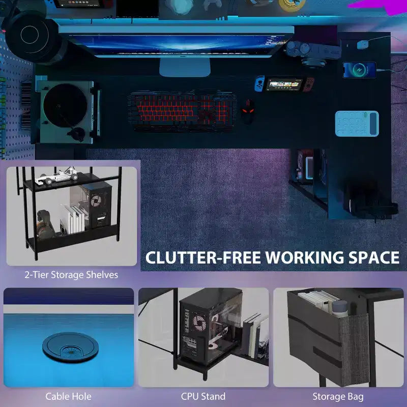 L-Shaped Computer Desk with Charging Station and RGB Lights, Reversible Corner Desk, 57.9"W x 31.5"D x 35"H
