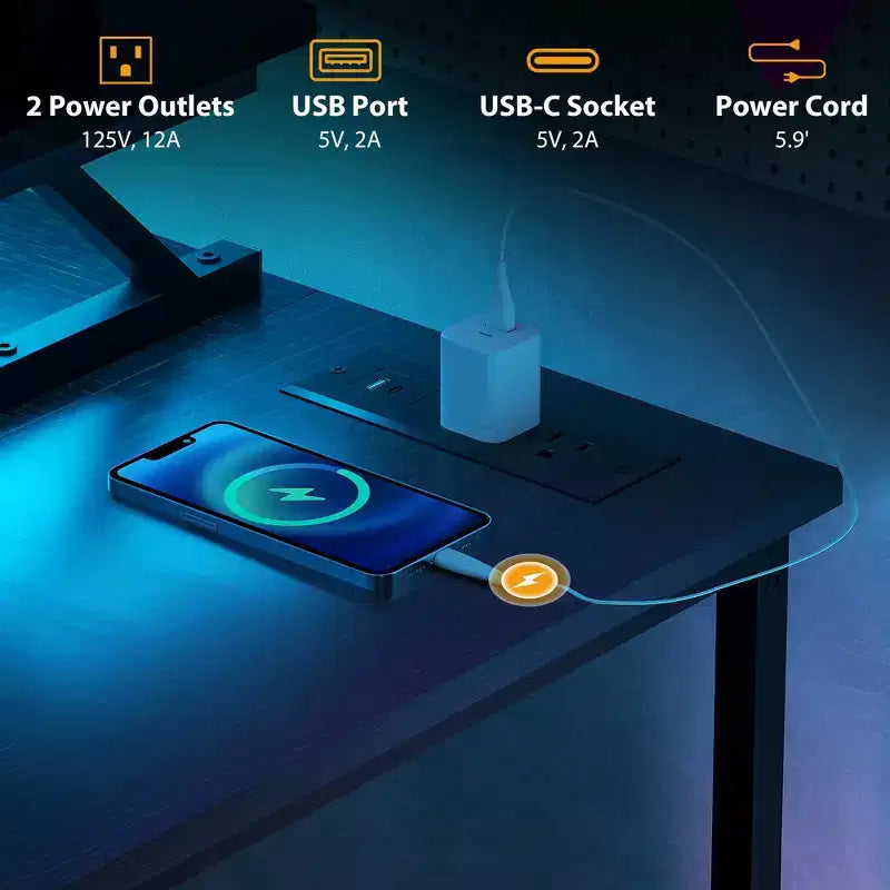 L-Shaped Computer Desk with Charging Station and RGB Lights, Reversible Corner Desk, 57.9"W x 31.5"D x 35"H