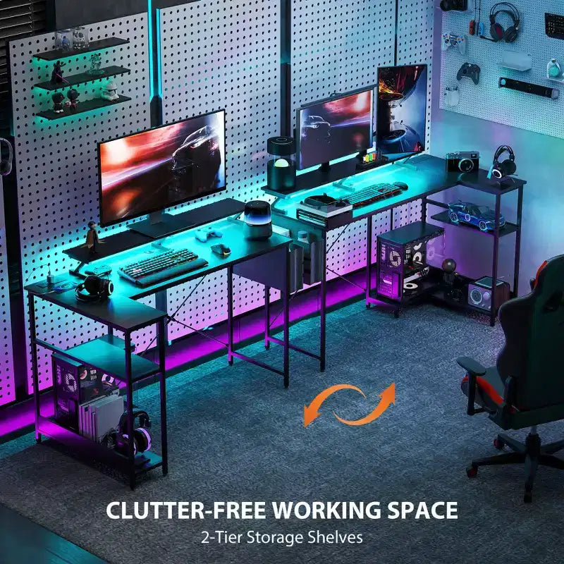 L-Shaped Computer Desk with Charging Station and RGB Lights, Reversible Corner Desk, 57.9"W x 31.5"D x 35"H
