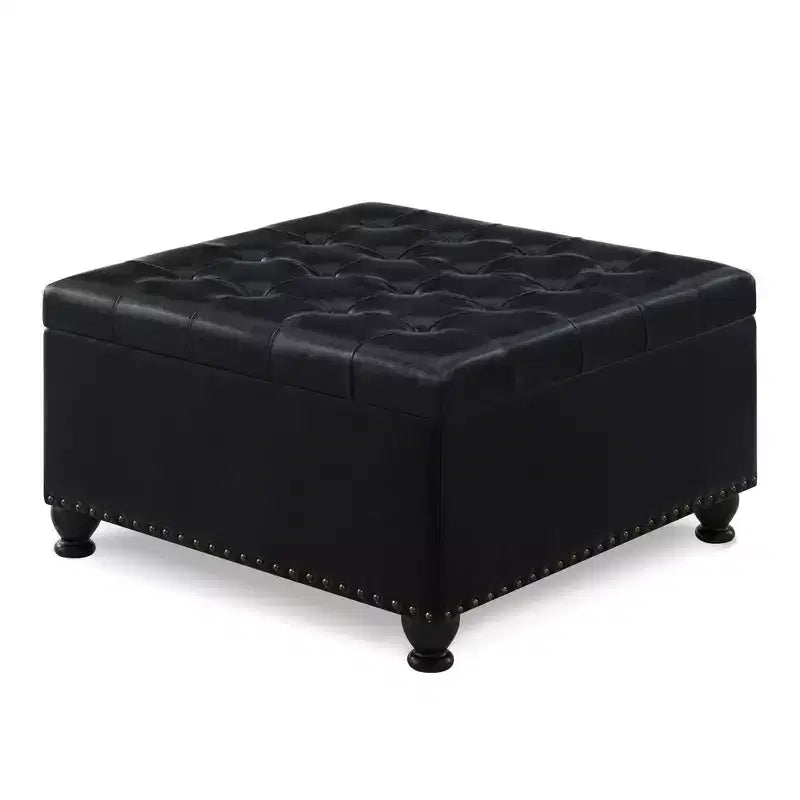 Square Storage Ottoman with Button Tufting and Nail Trim, Linen Upholstered, 30"W x 30"D x 18"H