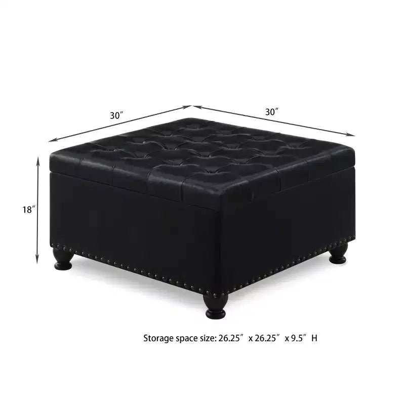 Square Storage Ottoman with Button Tufting and Nail Trim, Linen Upholstered, 30"W x 30"D x 18"H