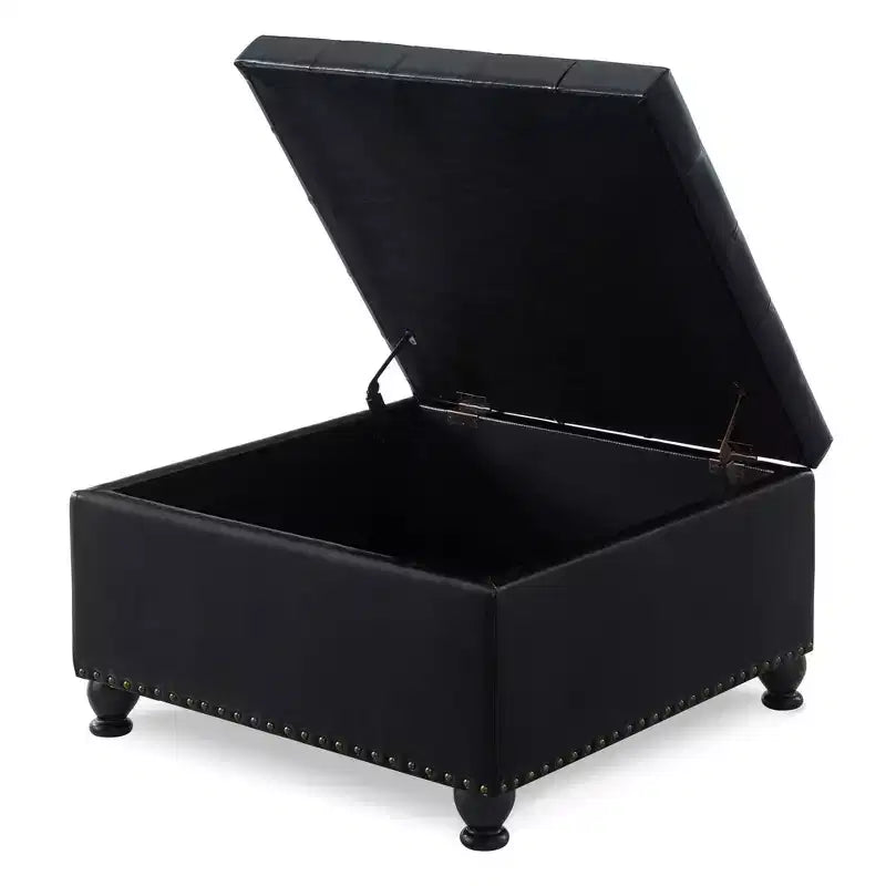 Square Storage Ottoman with Button Tufting and Nail Trim, Linen Upholstered, 30"W x 30"D x 18"H