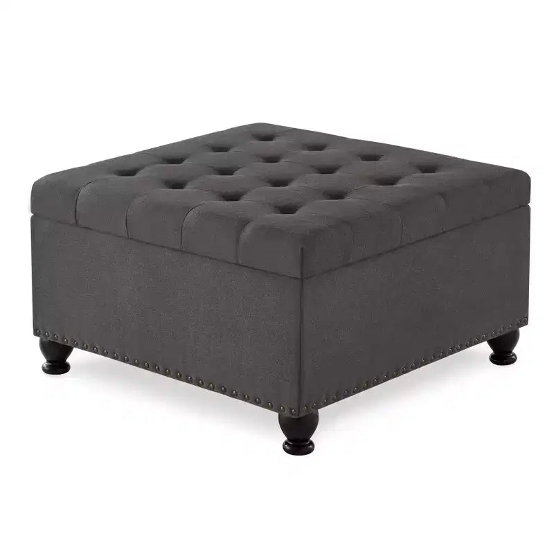 Square Storage Ottoman with Button Tufting and Nail Trim, Linen Upholstered, 30"W x 30"D x 18"H