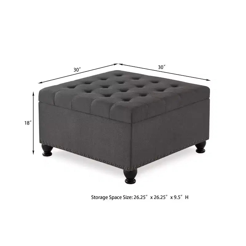 Square Storage Ottoman with Button Tufting and Nail Trim, Linen Upholstered, 30"W x 30"D x 18"H