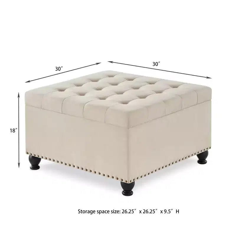 Square Storage Ottoman with Button Tufting and Nail Trim, Linen Upholstered, 30"W x 30"D x 18"H