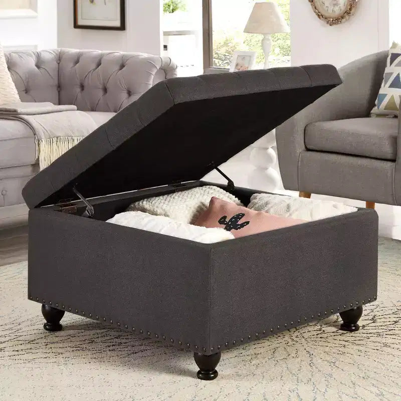 Square Storage Ottoman with Button Tufting and Nail Trim, Linen Upholstered, 30"W x 30"D x 18"H
