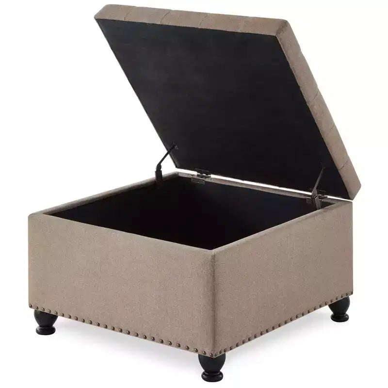 Square Storage Ottoman with Button Tufting and Nail Trim, Linen Upholstered, 30"W x 30"D x 18"H