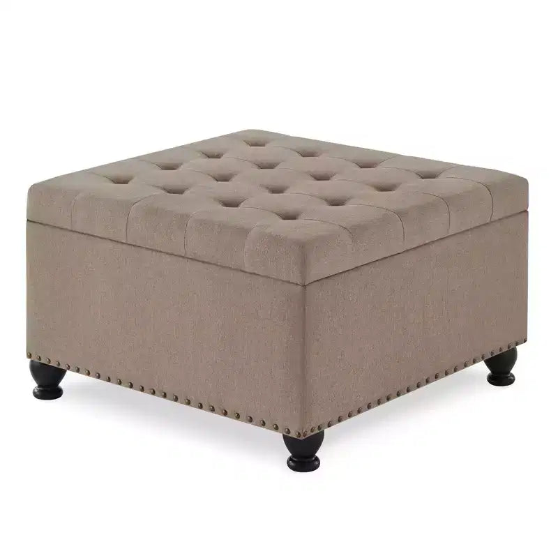 Square Storage Ottoman with Button Tufting and Nail Trim, Linen Upholstered, 30"W x 30"D x 18"H