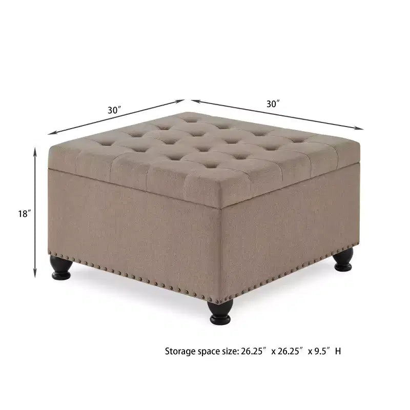 Square Storage Ottoman with Button Tufting and Nail Trim, Linen Upholstered, 30"W x 30"D x 18"H