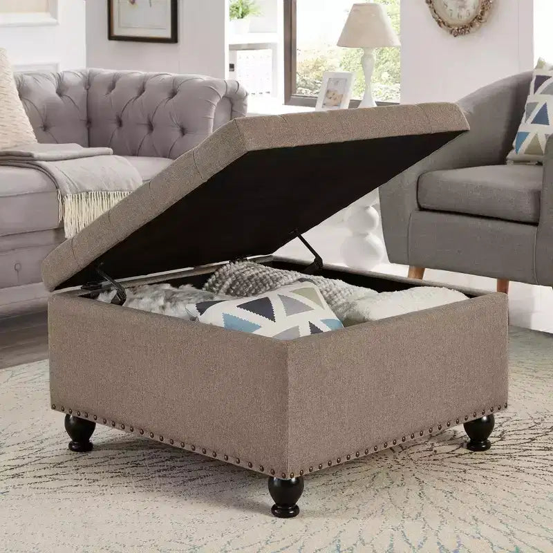 Square Storage Ottoman with Button Tufting and Nail Trim, Linen Upholstered, 30"W x 30"D x 18"H