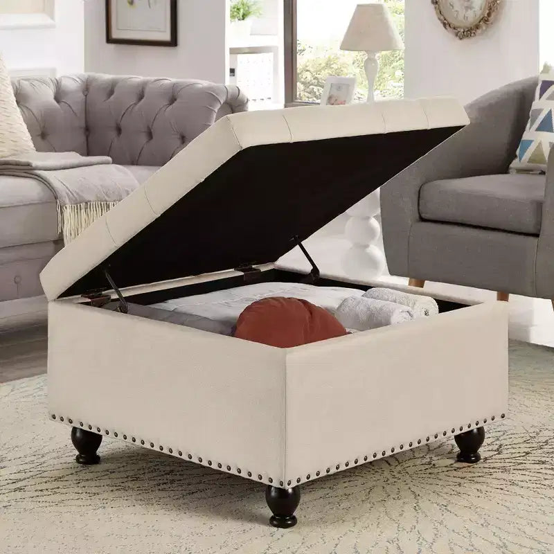 Square Storage Ottoman with Button Tufting and Nail Trim, Linen Upholstered, 30"W x 30"D x 18"H