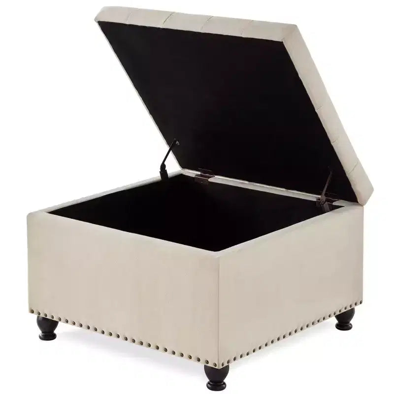 Square Storage Ottoman with Button Tufting and Nail Trim, Linen Upholstered, 30"W x 30"D x 18"H
