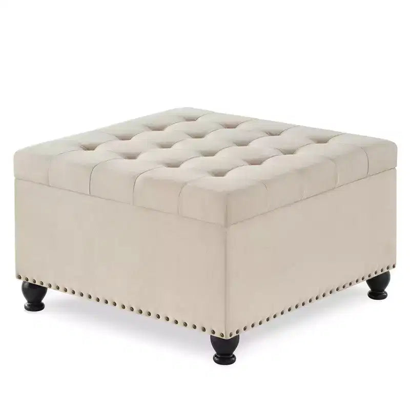 Square Storage Ottoman with Button Tufting and Nail Trim, Linen Upholstered, 30"W x 30"D x 18"H