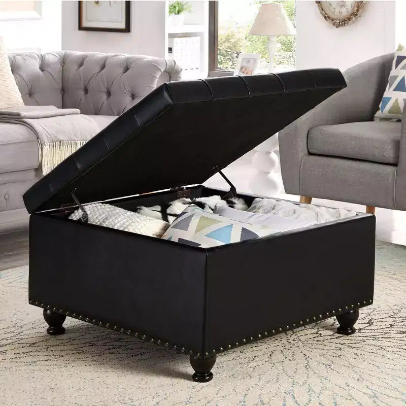 Square Storage Ottoman with Button Tufting and Nail Trim, Linen Upholstered, 30"W x 30"D x 18"H