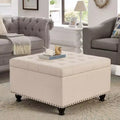 TUYOHW 30 Square Storage Ottoman with Button Tufted & Nail Trims Upholstered Foot Stool with Wooden Legs for Living Room, Bedroom, Entryway