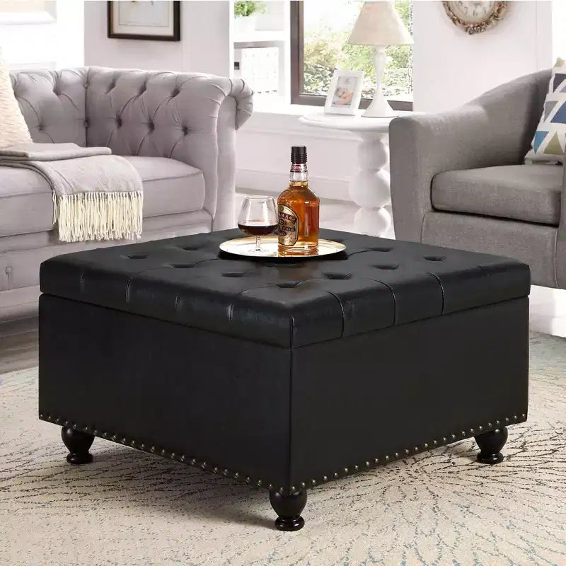 Square Storage Ottoman with Button Tufting and Nail Trim, Linen Upholstered, 30"W x 30"D x 18"H