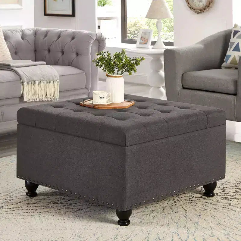 Square Storage Ottoman with Button Tufting and Nail Trim, Linen Upholstered, 30"W x 30"D x 18"H