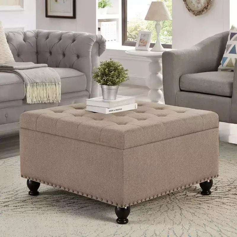 Square Storage Ottoman with Button Tufting and Nail Trim, Linen Upholstered, 30"W x 30"D x 18"H