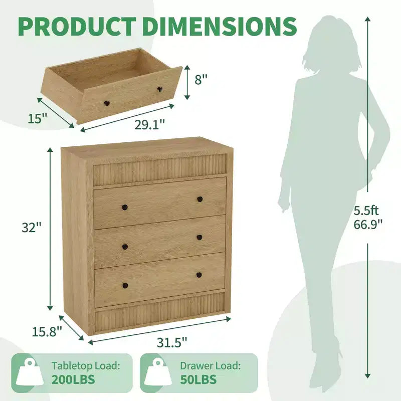 3-Drawer Fluted Dresser, 31.5"W x 15.8"D x 32"H, Natural Oak Finish